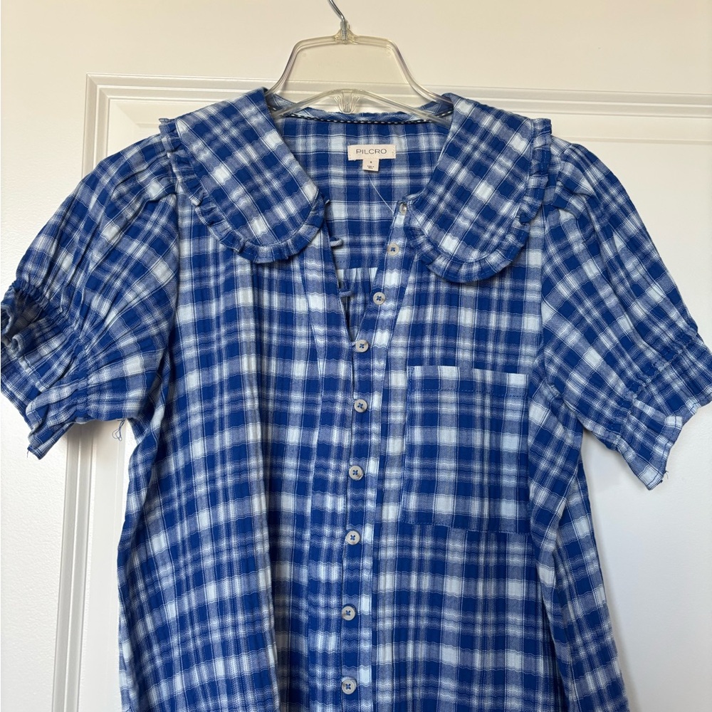 Pilcro Blue & White Plaid Shirt with Rounded Collar